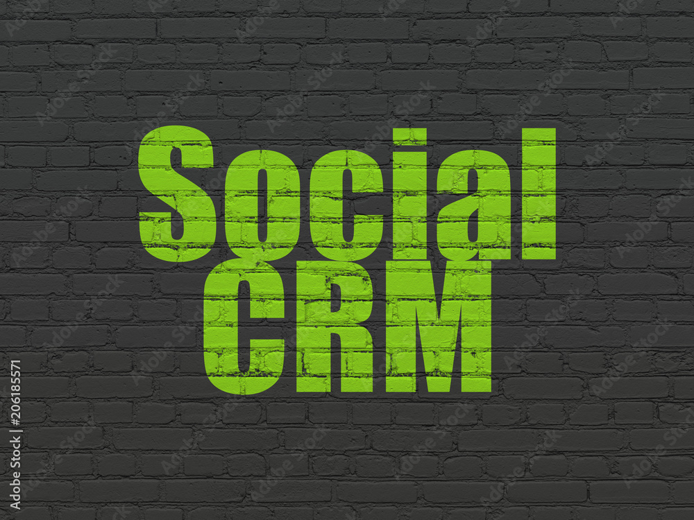 Advertising concept: Painted green text Social CRM on Black Brick wall background Advertising concept: Painted green text Social CRM on Black Brick wall background