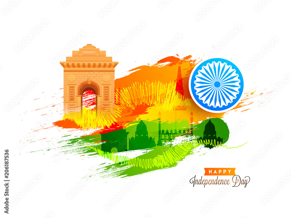 Happy Independence Day celebration poster, banner or flyer design with  India Gate, Ashoka Wheel, and Indian Monuments on Saffron and Green Colors  Background. Stock Vector | Adobe Stock