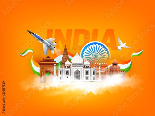 Indian famous monuments, India Gate, Taj Mahal, Red Fort, Fighter aircraft and peace symbol flying dove on saffron color background with text India.