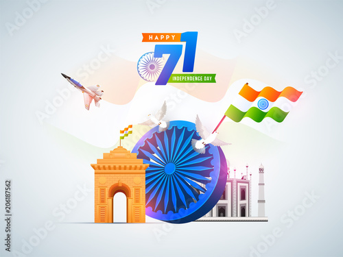 Stylish text 71 years of Freedom, banner, poster or flyer design with India Gate, Taj Mahal, Indian flag waving, fighter aircraft and Ashoka Chakra. Upto 60-80% discount offers.