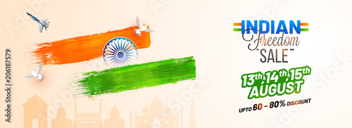 Indian Freedom sale, web header or banner design with dove flying, fighter aircraft, Ashoka Chakra on Indian famous monuments background.