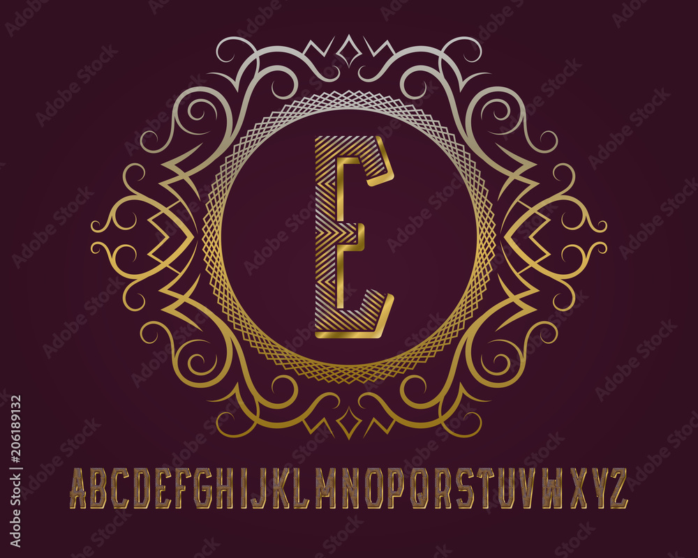 Golden monogram template in round patterned frame with elegant alphabet. Golden monogram template in round patterned frame with elegant alphabet.