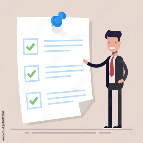 Businessman with checklist on clipboard. Document attached with a drawing pin. Vector modern flat design isolated illustration.
