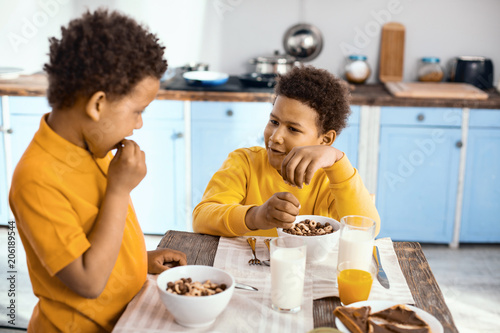 Pleasant conversation. Upbeat pre-teen boys sitting at the table and chatting with each other while eating cereals for breakfast