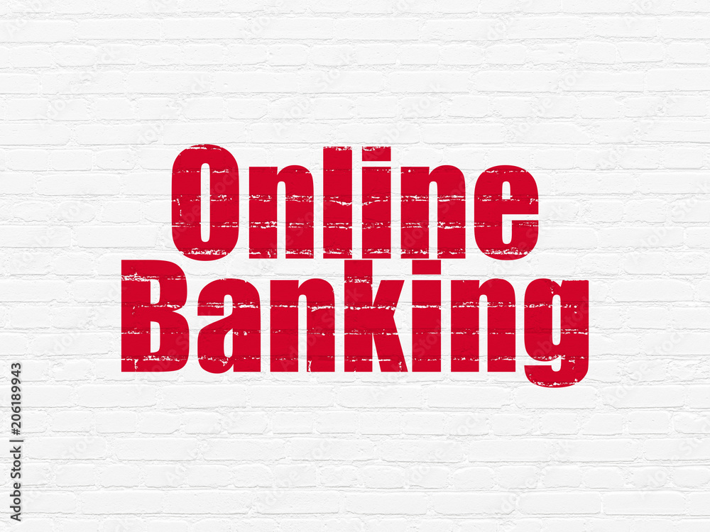 Finance concept: Painted red text Online Banking on White Brick wall background Finance concept: Painted red text Online Banking on White Brick wall background