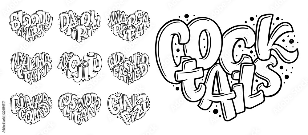 Set of cocktails names, lettering in heart - Gin Fizz, Cosmopolitan, Pina Colada, Old Fashioned, Mojito, Manhattan, Margarita, Daiquiri, Bloody Mary. Hand drawn illustration in bubble style. Set of cocktails names, lettering in heart - Gin Fizz, Cosmopolitan, Pina Colada, Old Fashioned, Mojito, Manhattan, Margarita, Daiquiri, Bloody Mary. Hand drawn illustration in bubble style.