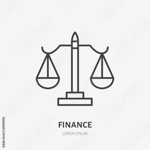Lawyer, attorney flat line icon. Scale sign. Thin linear logo for legal financial services, accountancy.