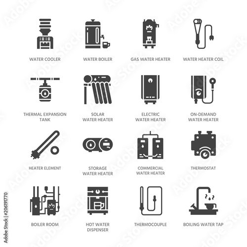 Water boiler, thermostat, electric gas solar heaters and other house heating appliances glyph icons. Equipment store signs. Solid silhouette pixel perfect 64x64.