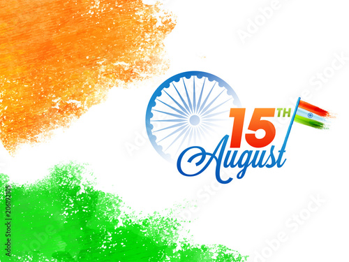 15th August, Indian Independence Day celebration concept with Ashoka Wheel, and Waving Flag.