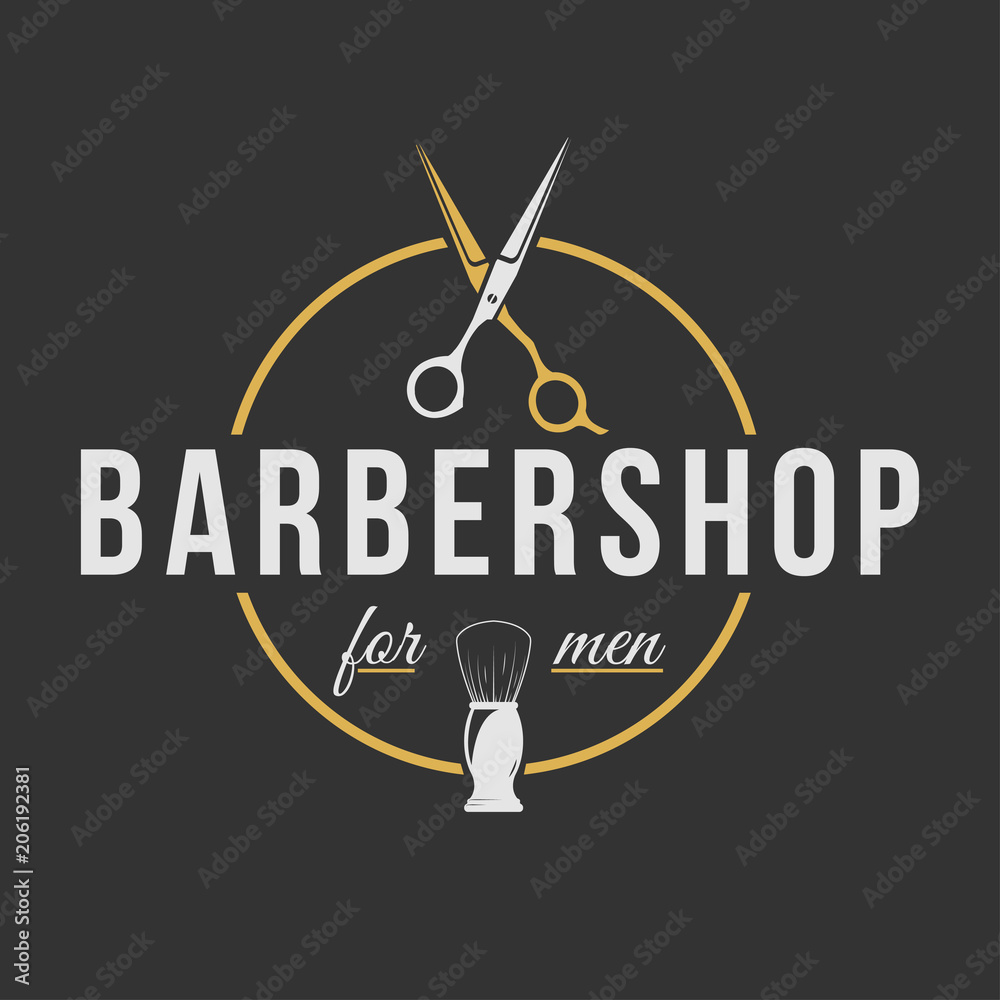 Barbershop logo. Vintage set barber logo with razor, shaver, scissors ...
