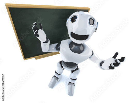 Vector 3d Funny cartoon mechanical robot character standing in front of a blackboard