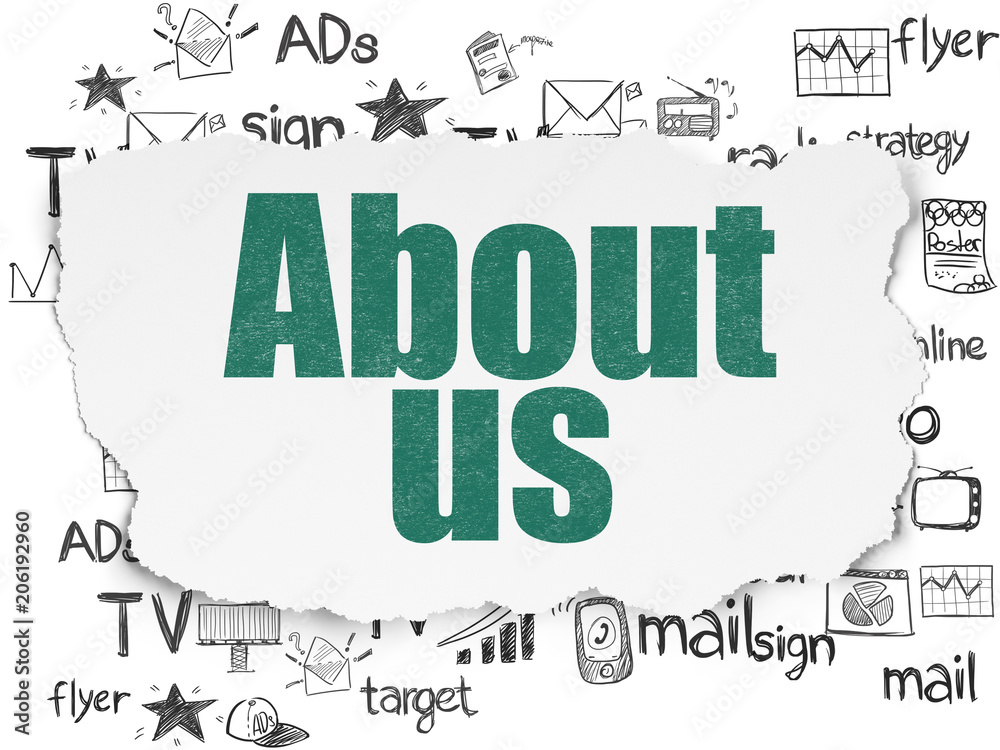 Fototapeta premium Advertising concept: Painted green text About Us on Torn Paper background with Hand Drawn Marketing Icons