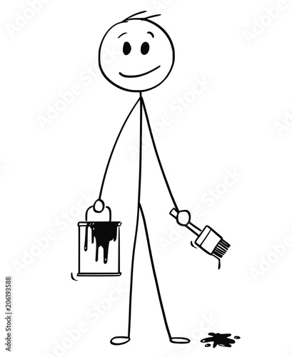 Cartoon stick man drawing conceptual illustration of smiling businessman with brush and paint can.Ready to add your text or drawing.