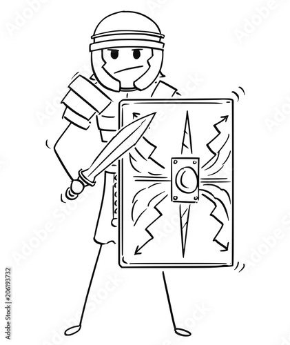 Cartoon stick man drawing conceptual illustration of ancient roman legionary or legionnaire warrior soldier.