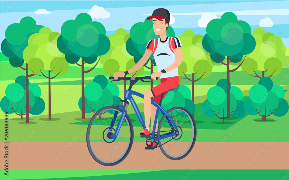 Smiling Cyclist on Blue Bicycle Illustration Smiling Cyclist on Blue Bicycle Illustration