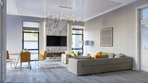 Fototapeta Naklejka Na Ścianę i Meble -  Modern bright living room in gray tones 3d Illustration