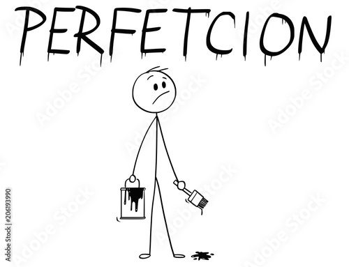 Cartoon stick man drawing conceptual illustration of businessman with brush and paint can painting or drawing the word perfection with spelling mistake.