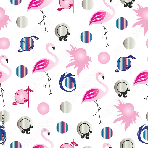 seamless pattern with flamingos and colorful circles - summer pattern illustration