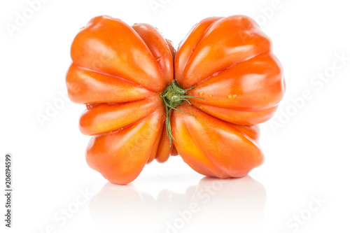 Beef tomato (butterfly shape) isolated on white background one big ripe red ribbing.