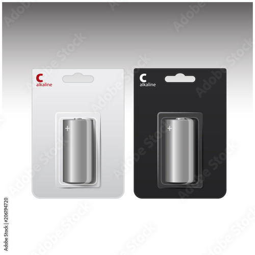 Set of Vector Glossy Alkaline C Batteries in White and Black Blister. Packed for your branding. Close up Isolated on White Background