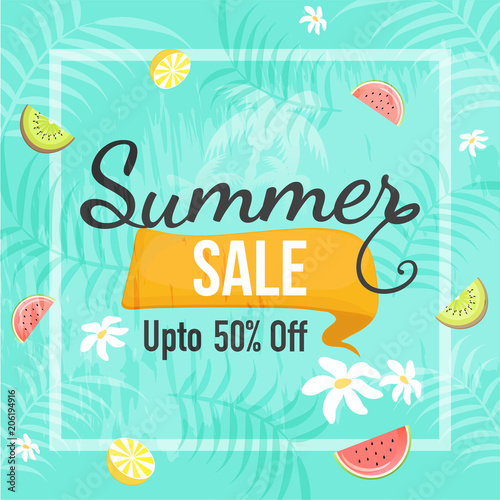 Refreshing Summer Sale  Banner  Poster or Flyer Design with 50  Off Discounts and Slices of Seasonal Fruits and Ice Cream.