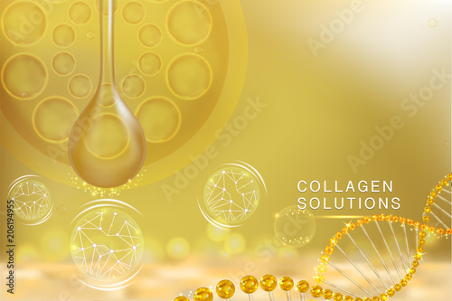 Gold Collagen Serum drop, cosmetic advertising background ready to use, luxury skin care ad, Illustration vector.