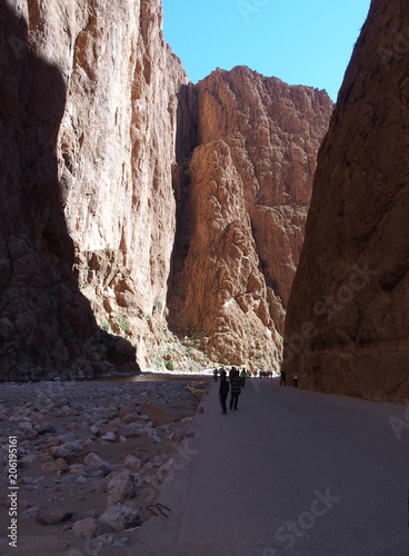 Scenic rocky cliff of TODGHA GORGE canyon landscape in MOROCCO, High Atlas Mountains range at Dades Rivers - vertical photo