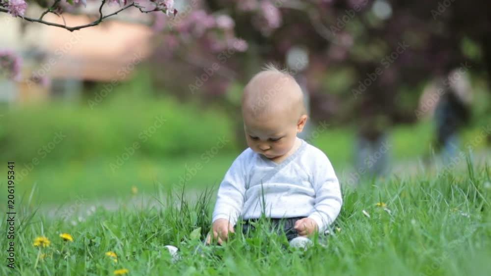 Portrait of cute stylish smiling toddler boy sitting n the grass in park outdoors. Positive smiling handsome blonde boy wearing blue shirt Portrait of cute stylish smiling toddler boy sitting n the grass in park outdoors. Positive smiling handsome blonde boy wearing blue shirt