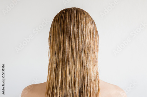 Wet, blonde, perfect woman's hair after shower on the gray background. Care about beautiful, healthy and clean hair. Beauty salon concept. Young girl's back view.