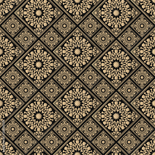 Seamless pattern oriental ornament. Black and golden textile print. Islamic vector design. Floral tiles.