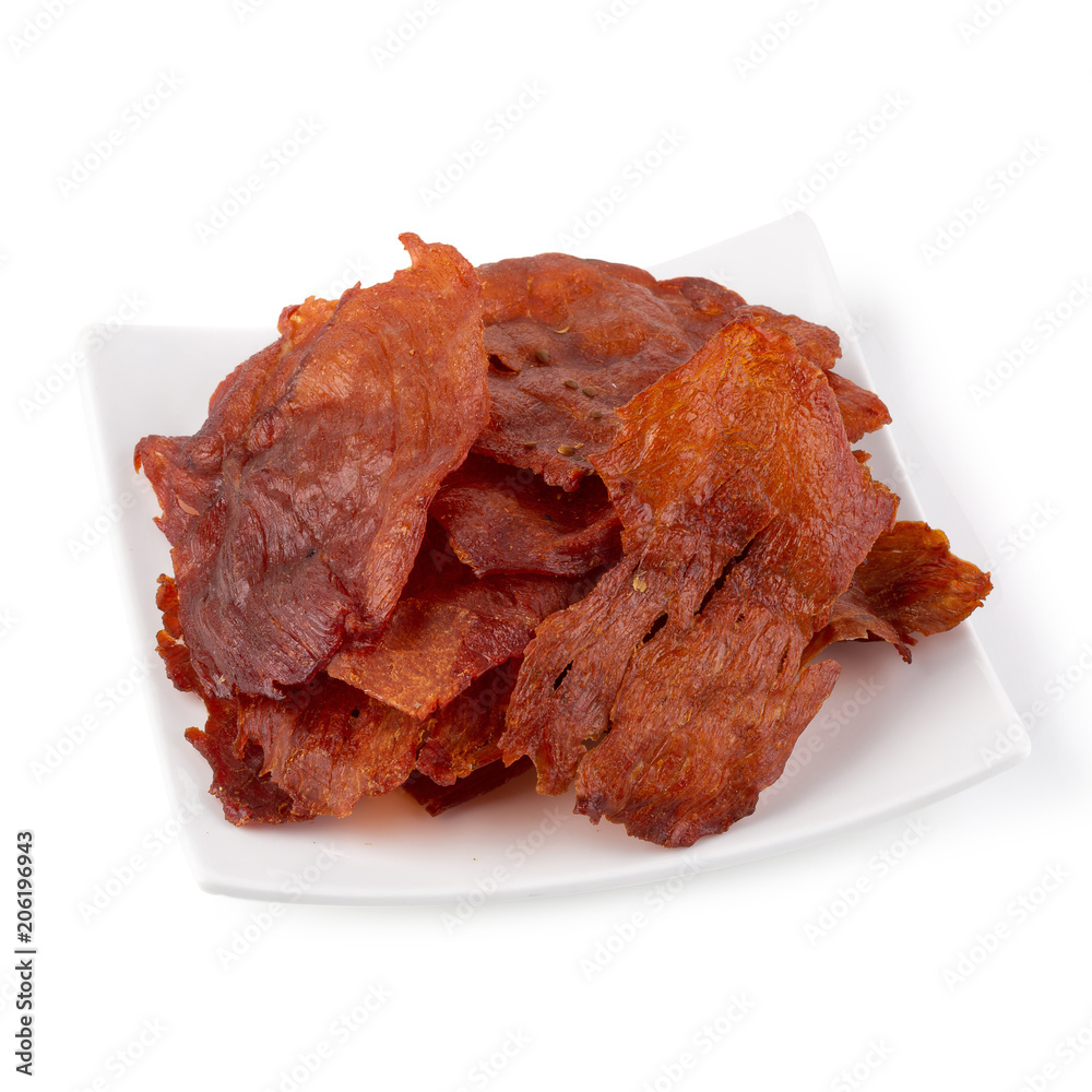 Sweet pork sheet - asian food style in white plate isolated on a white background.
