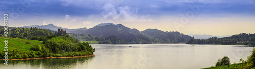 Panorama on the Czorsztyn lake, view of the castle ruins. Niedzica Castle in the background. photo