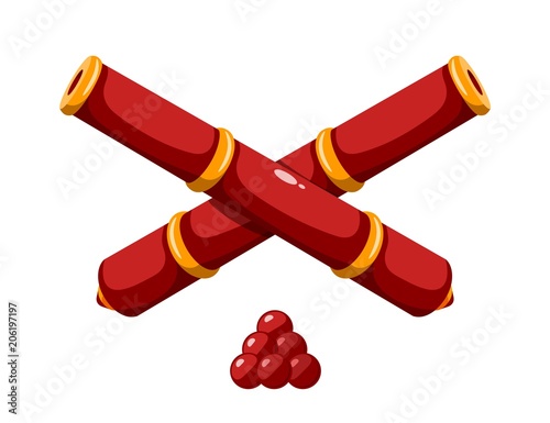 Color image of two crossed cannon barrels on white background Cartoon style. Vector illustration