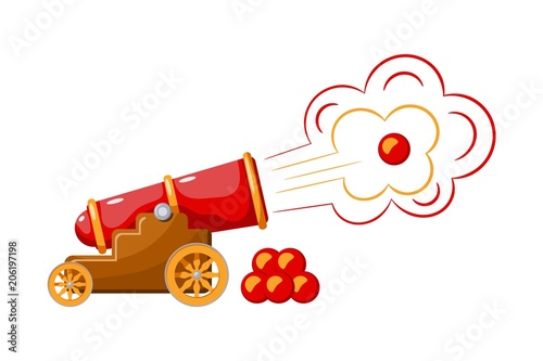 Vintage gun. Color image of medieval cannon firing on a white background. Cartoon style. The subject of war and aggression. Stock illustration