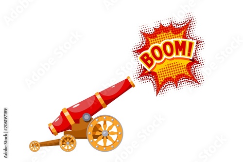 Vintage gun. Color image of medieval cannon firing on a white background. Cartoon style. The subject of war and aggression. Stock illustration