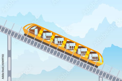 Color image of the funicular railway on a mountain background. Vector illustration of a mountain funicular