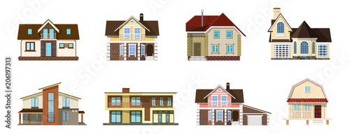 Collection of color images of cute cartoon houses on a white background. Set of small rural houses  isolated objects for design. Vector illustration