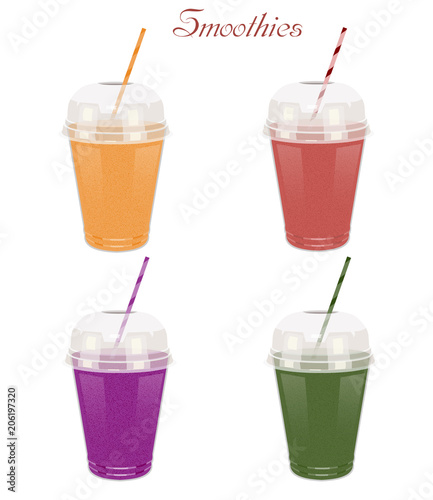 Color image of a collection of realistic glasses of smoothies on a white background. Isolated objects. Healthy eating. Vector illustration