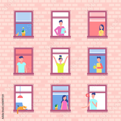 People in Window Frames inside Red Brick Wall