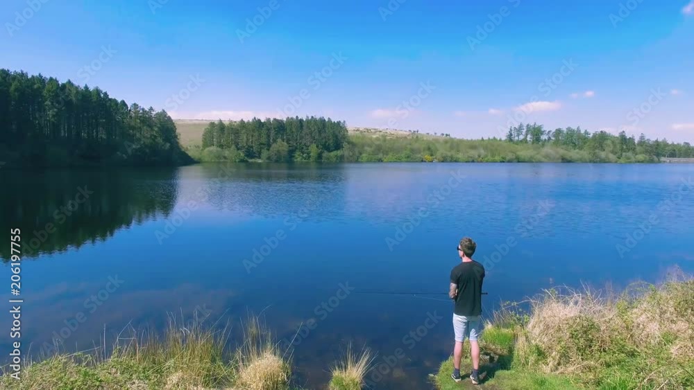 Fisherman Casting Into Lake Aerial Shot Fisherman Casting Into Lake Aerial Shot