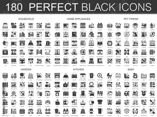 180 household, home appliances, pet, garden, kitchen, baby black mini concept icons and infographic symbols set.
