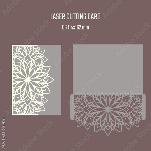 DIY laser cutting vector envelope. Wedding die cut invitation template. Cutout silhouette card. Scrapbook carved paperwork. Floral layout.