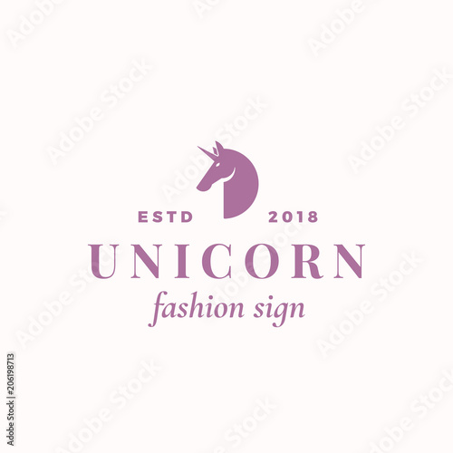 Tiny Unicorn Abstract Vector Sign, Symbol or Logo Template. Elegant Little Unicorn Sillhouette with Retro Typography. Vintage Luxury Feminine Vector Emblem.