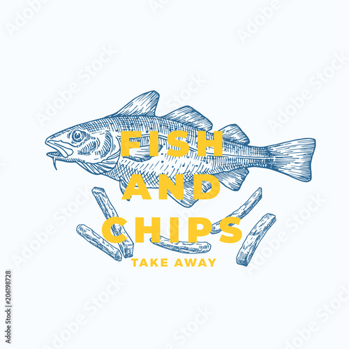 Fish and Chips Abstract Vector Sign, Symbol or Logo Template. Hand Drawn Cod Fish and Potato Fries with Modern Typography. Premium Quality Vector Emblem.