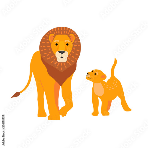 Lion and son family vector illustration. Happy Fathers Day. Cartoon safari postcard