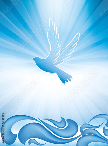 Fototapeta Christian baptism symbol with dove and waves of water on blue background