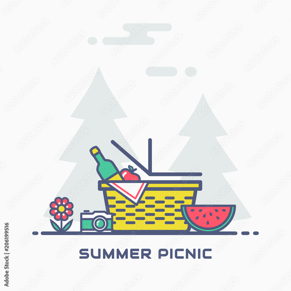 Summer picnic in nature. Vector banner.