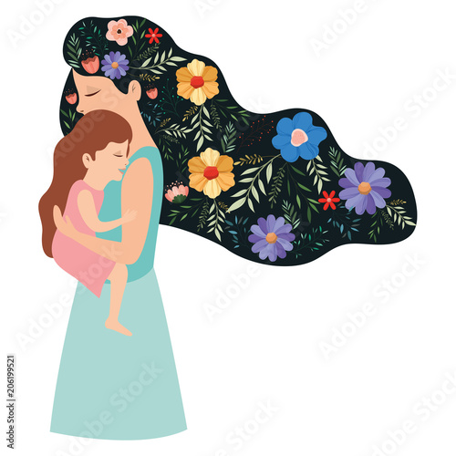 mother lifting daughter with floral pattern in the hair vector illustration design