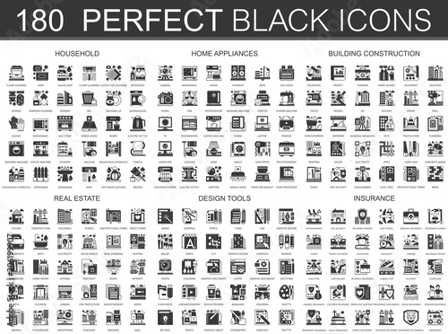 180 household, home appliances, building construction, real estate, design tools, insurance classic black mini concept symbols. Vector modern icon pictogram illustrations set.