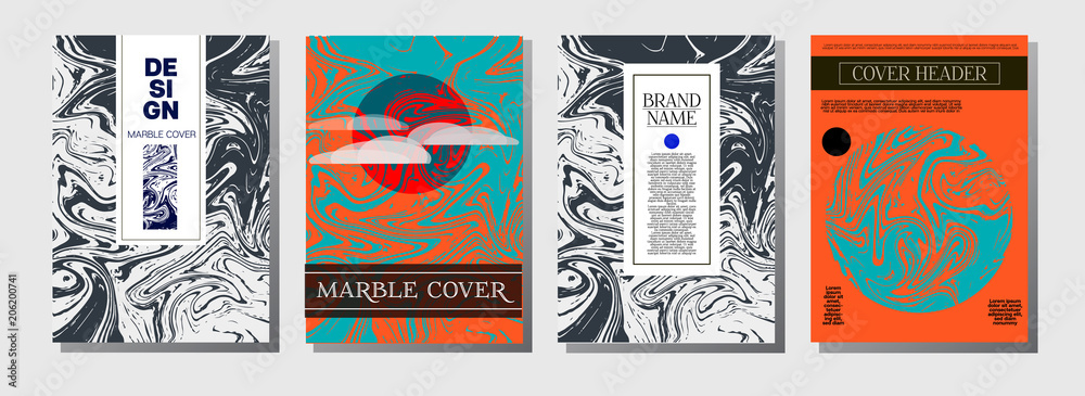 Hawaii Purple Blue Marble Ink Texture Cover Set. A4 Vector Liquid Paint Fashion Magazine Design. Ebru Ink Wash Tropical Package Background. Corporate Identity Exotic Marble Ink Texture Cover.